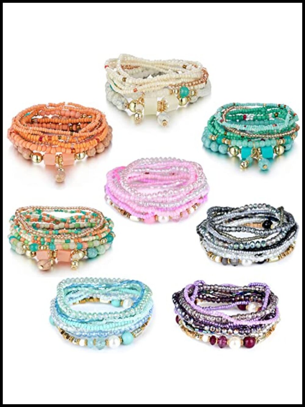 Bohemian Stackable Bead Bracelets Set for Women - Multicolor Stretch Bangle